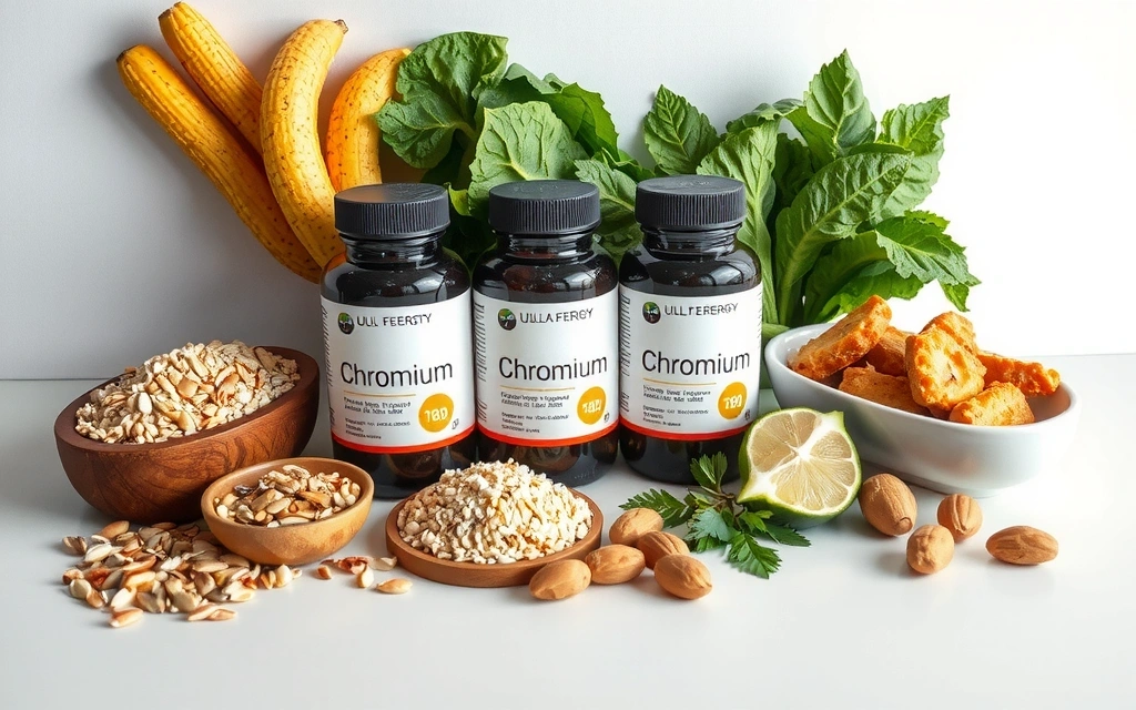 Chromium supplement bottles and healthy energy foods like whole grains and vegetables